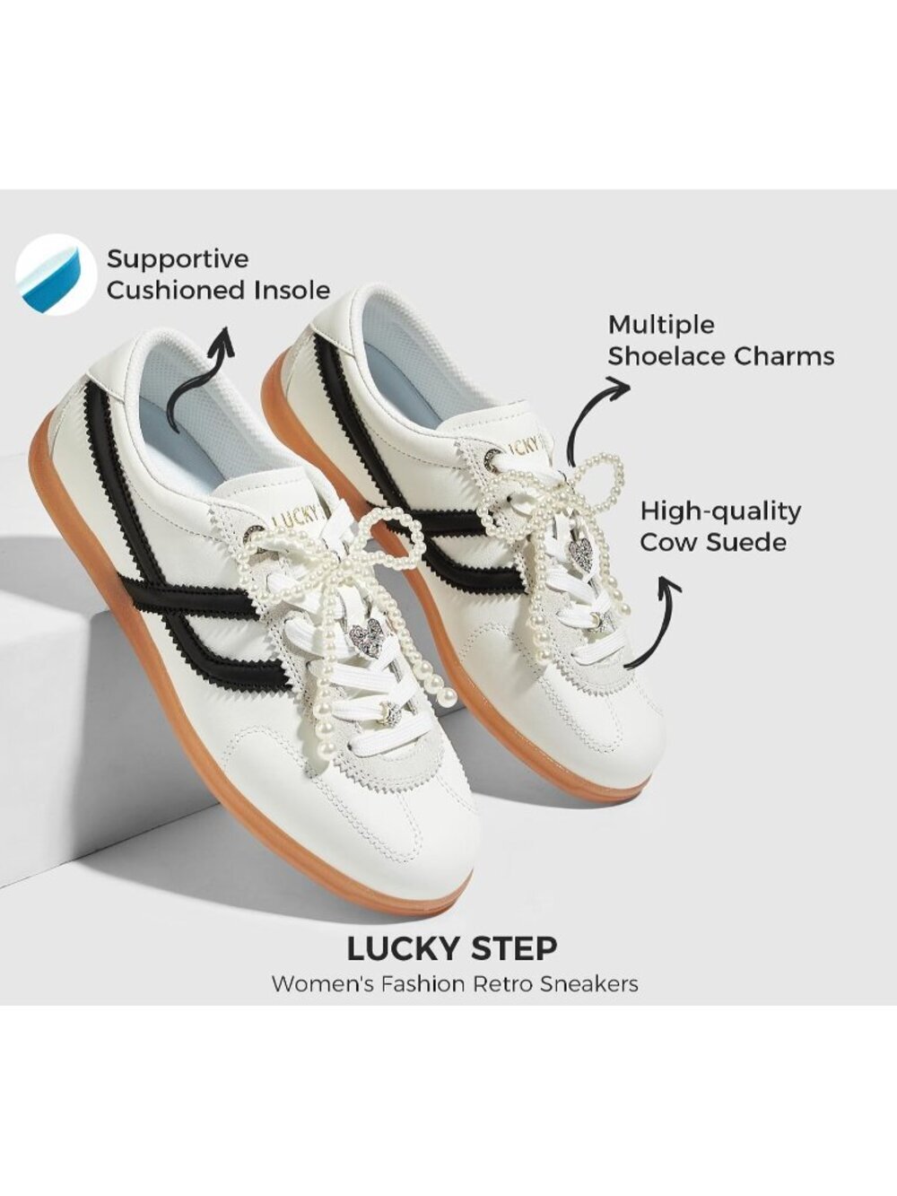 Women's White Black Classic Retro Casual Fashion Gum Sole Running Walking Shoes - Picture 5 of 6